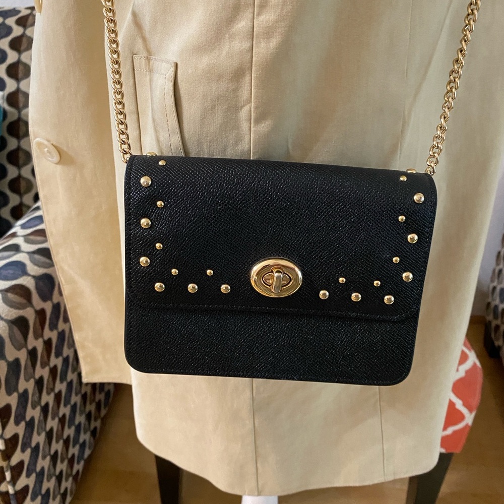 COACH F44964 Bowery Studded Black Crossgrain Leather Turnlock Flap Crossbody - Picture 13 of 14